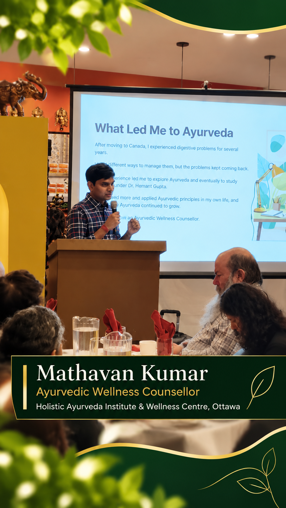 Mathavan Kumar speaking about his journey to Ayurveda at the Ayurveda Day event in Ottawa
