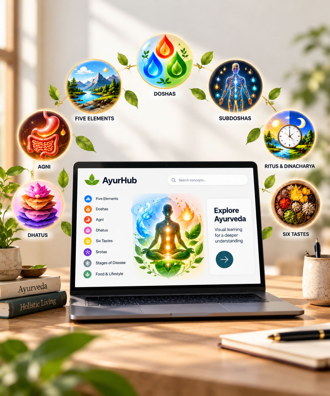 AyurHub learning platform showing Ayurvedic concepts such as Five Elements, Doshas, Agni, Dhatus and Six Tastes arranged around a laptop preview