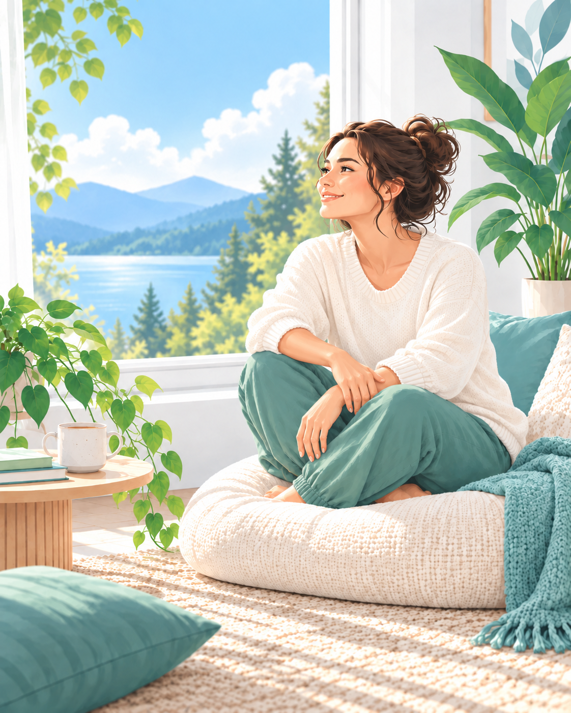 A woman sitting peacefully beside a sunlit window overlooking a lake and mountains