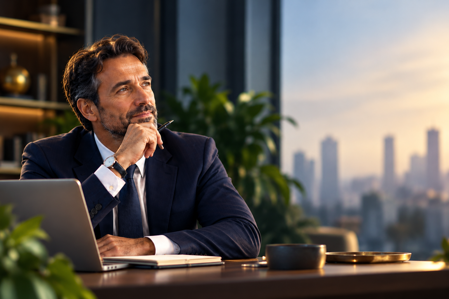 A professional pausing for a quiet moment of reflection at his desk, looking out over the city