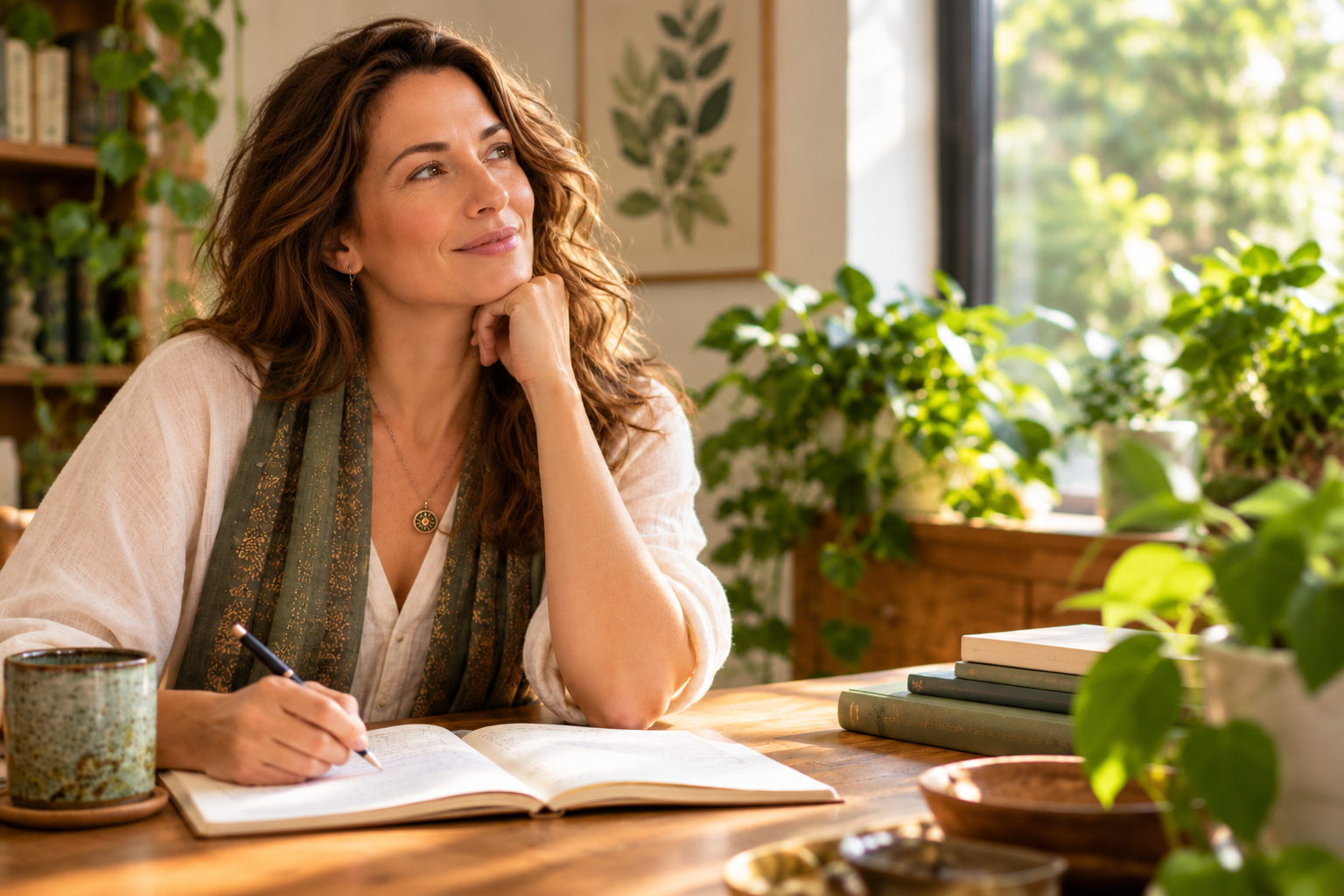 A woman journaling at a sunlit desk surrounded by plants and books