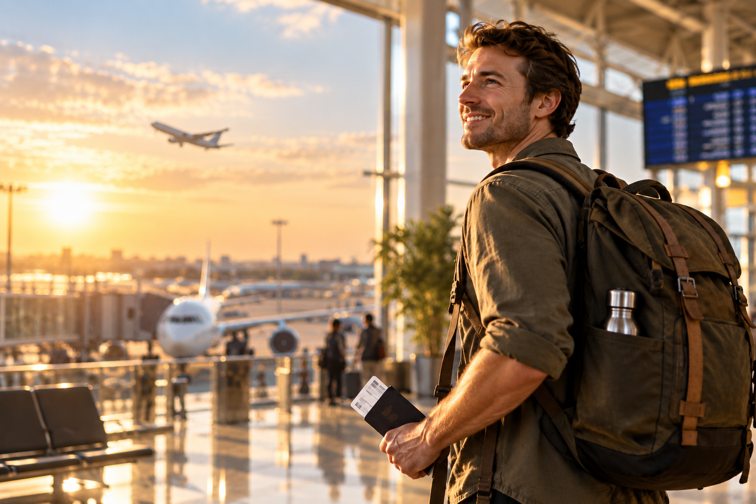 A smiling traveller with a backpack at an airport at golden sunset, ready for a journey to India