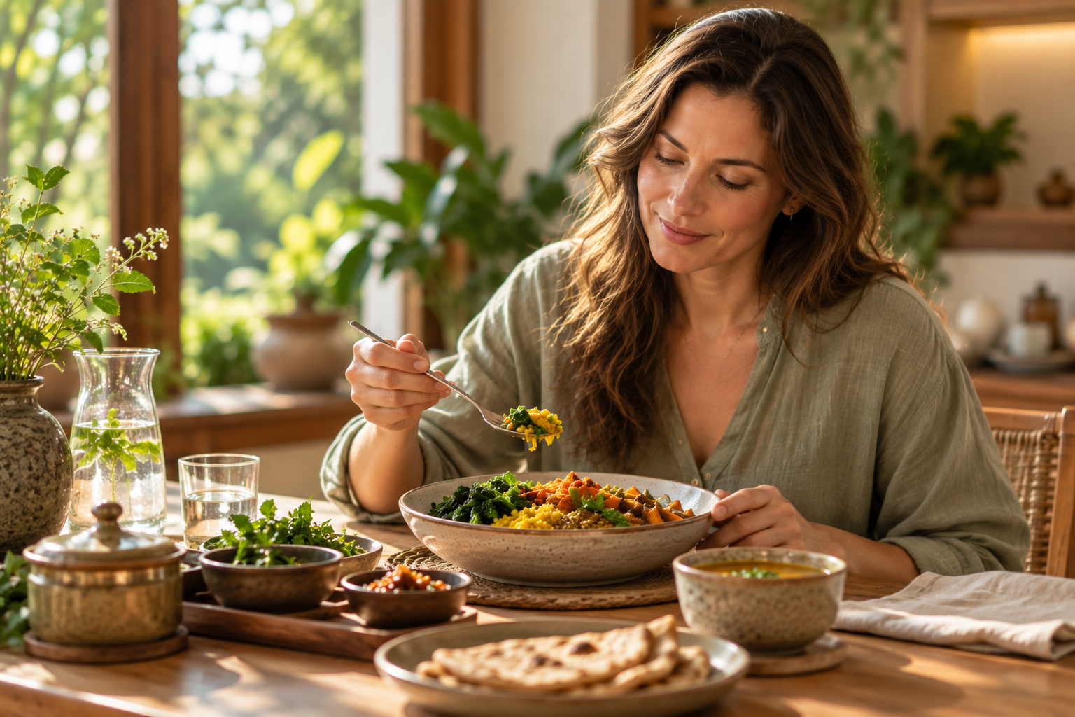 A woman eating a wholesome Ayurvedic meal mindfully at a sunlit table