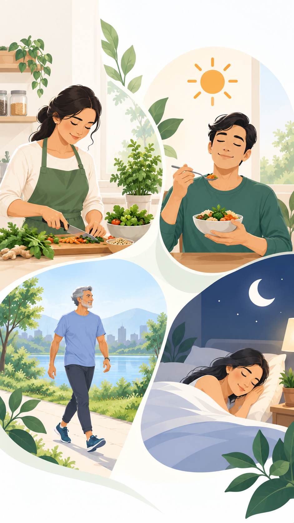 Everyday Ayurveda illustrated in four moments: preparing fresh food, eating mindfully, walking outdoors and restful sleep