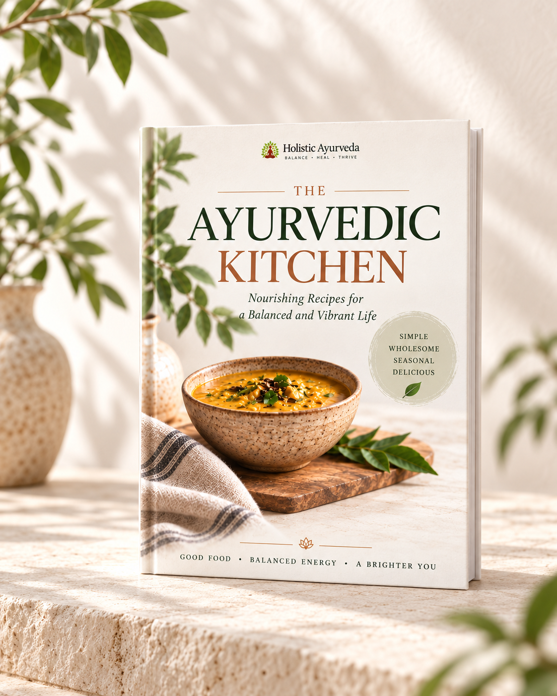 The Ayurvedic Kitchen cookbook cover with a bowl of dal on a sunlit stone surface