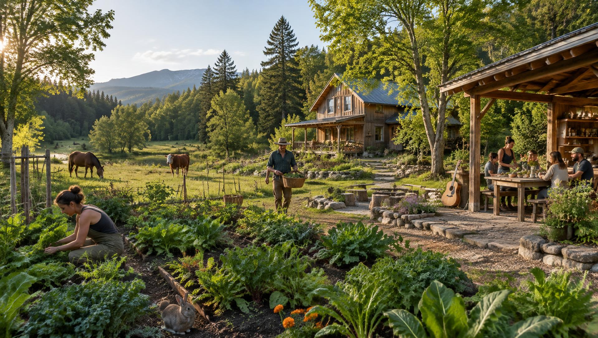 A living landscape with a forest, regenerative gardens, simple natural buildings, animals and people sharing everyday life